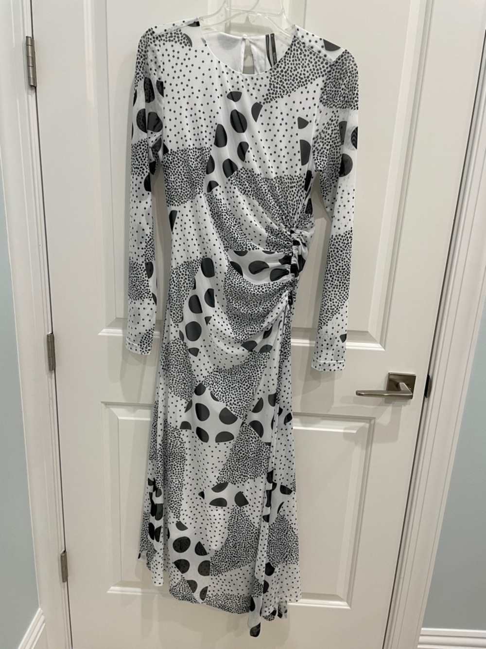 Anthropologie Black & White Abstract Ruched Long-Sleeve Midi Dress